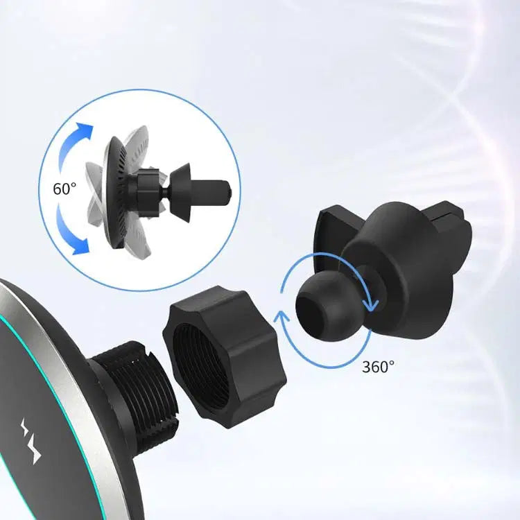 Exploded view of 15W magnetic car wireless charger on air outlet bracket with 360° rotating head, Type-C interface.