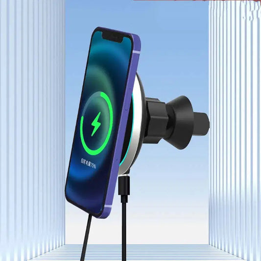 15W magnetic car wireless charger on air vent bracket charges a Type-C phone with charging indicator.