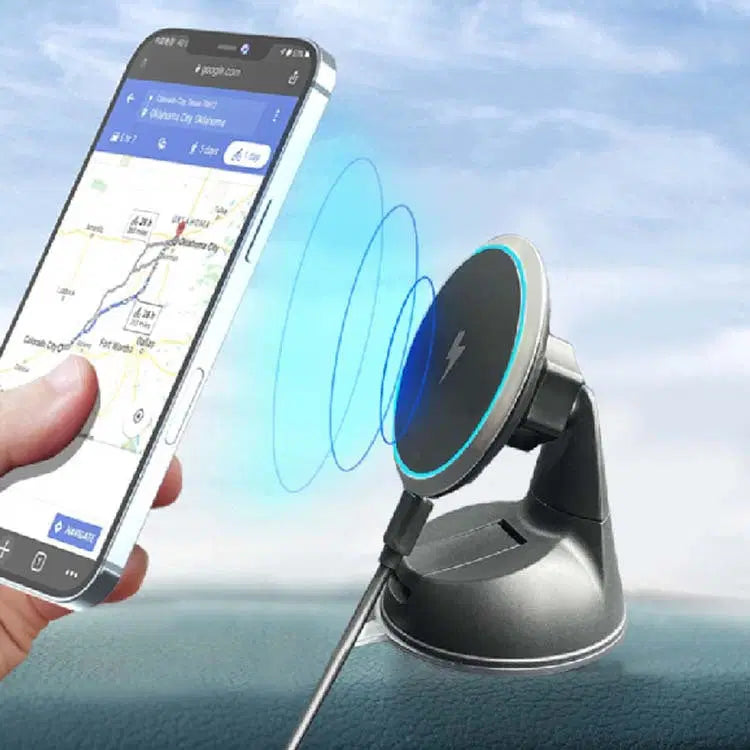 15W magnetic car wireless charger on air outlet bracket with Type-C cable powering a smartphone.