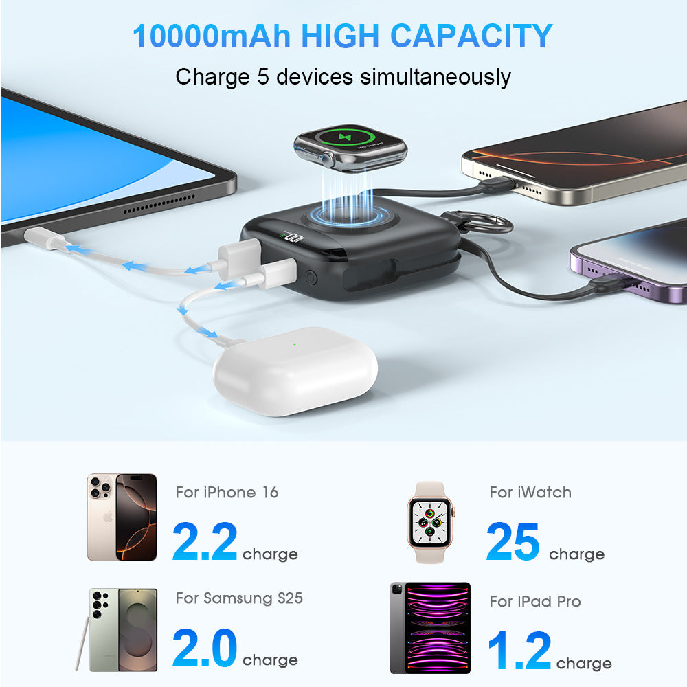 10000mAh Power Bank with Built-in Cables, 20W Fast Charging & Apple Watch Wireless Charging