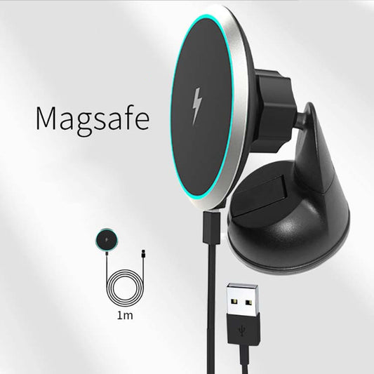 MagSafe 15W car wireless charger on air-vent bracket with USB-C cable and LED indicator.
