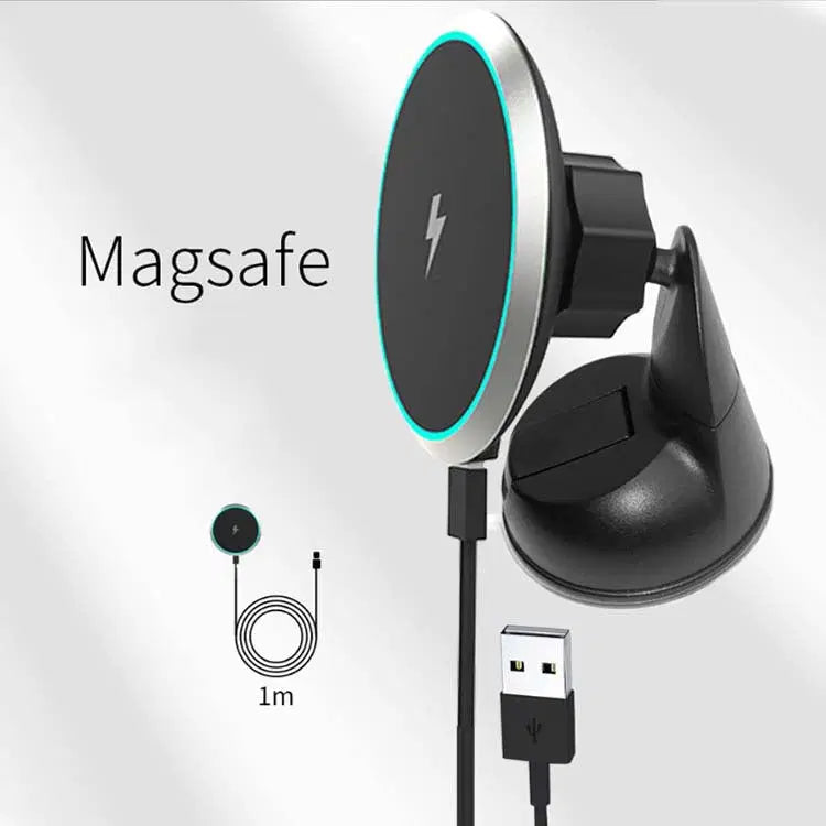 MagSafe 15W car wireless charger on air-vent bracket with USB-C cable and LED indicator.