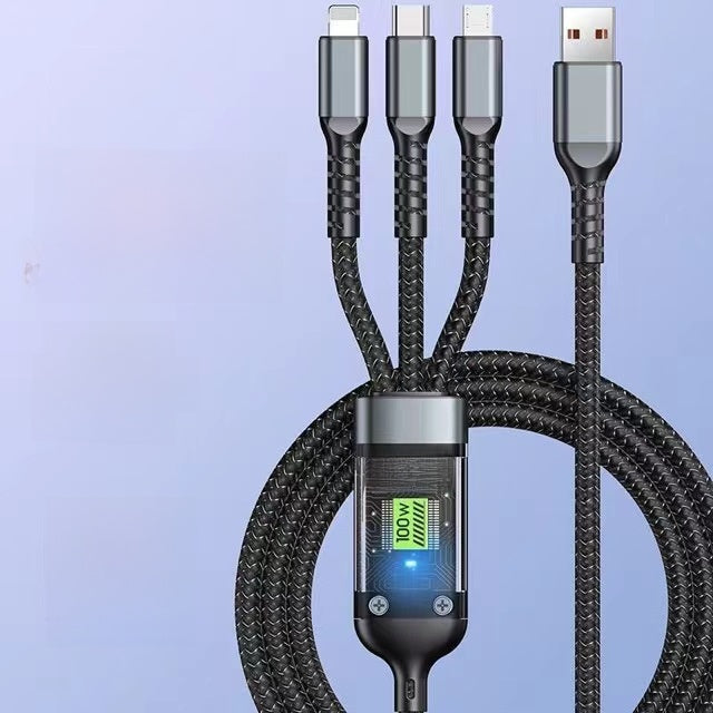 100W 3-in-1 Fast Charging Cable – Transparent Braided USB Cable