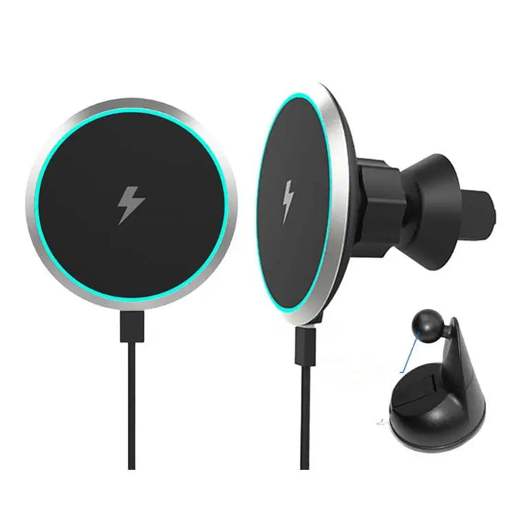 15W magnetic car wireless charger on an air outlet bracket with USB-C cable and LED indicator.