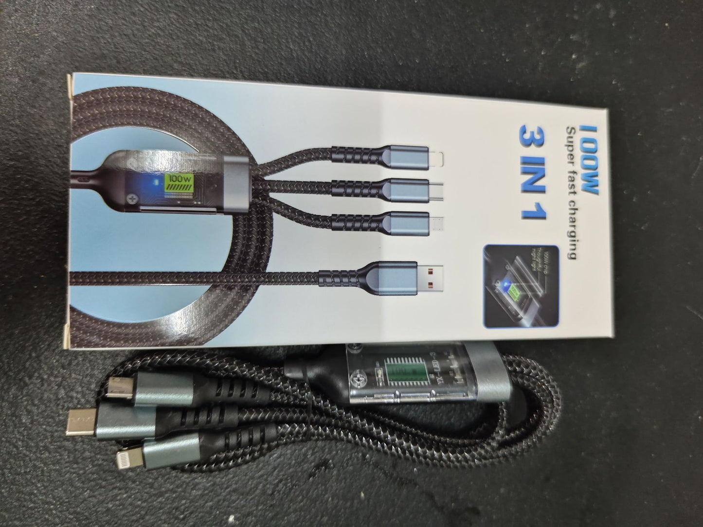 100W 3-in-1 Fast Charging Cable – Transparent Braided USB Cable