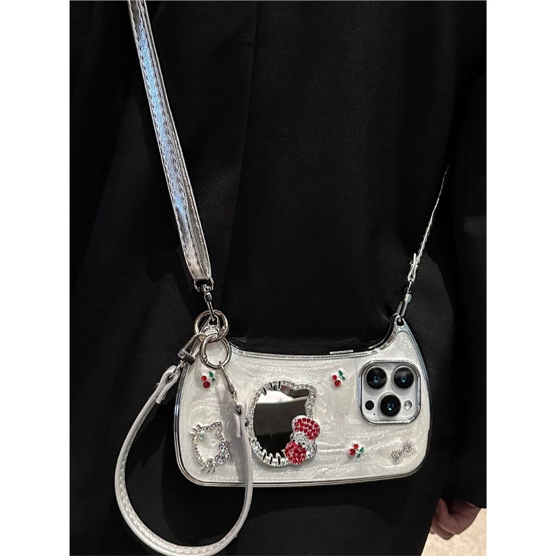 Mirror Cherry Cat Luxury Phone Case with Strap for iPhone 11/12/13/14/15/16/17 Pro/Pro Max.