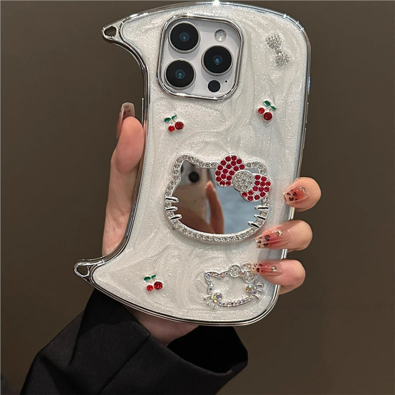 Mirror Cherry Cat Luxury Phone Case with Strap for iPhone 11/12/13/14/15/16/17 Pro/Pro Max.