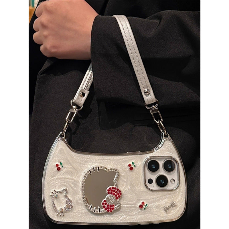 Mirror Cherry Cat Luxury Phone Case with Strap for iPhone 11/12/13/14/15/16/17 Pro/Pro Max.