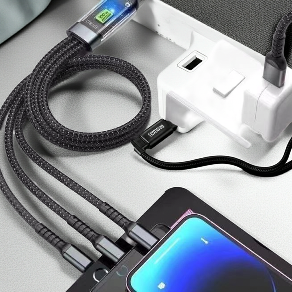 100W 3-in-1 Fast Charging Cable – Transparent Braided USB Cable