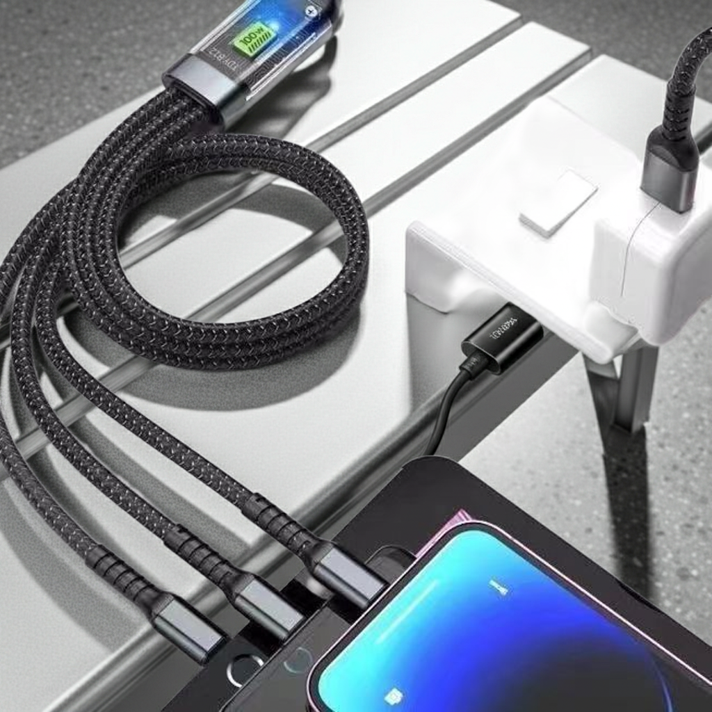 100W 3-in-1 Fast Charging Cable – Transparent Braided USB Cable