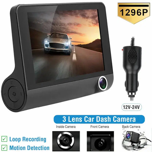 1296P Triple Lens Dash Cam – 4" Car DVR Driving Recorder with Front & Rear Camera