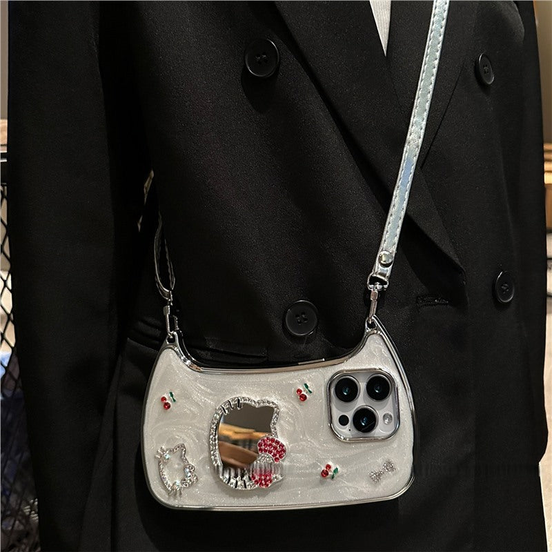 Mirror Cherry Cat Luxury Phone Case with Strap for iPhone 11/12/13/14/15/16/17 Pro/Pro Max.