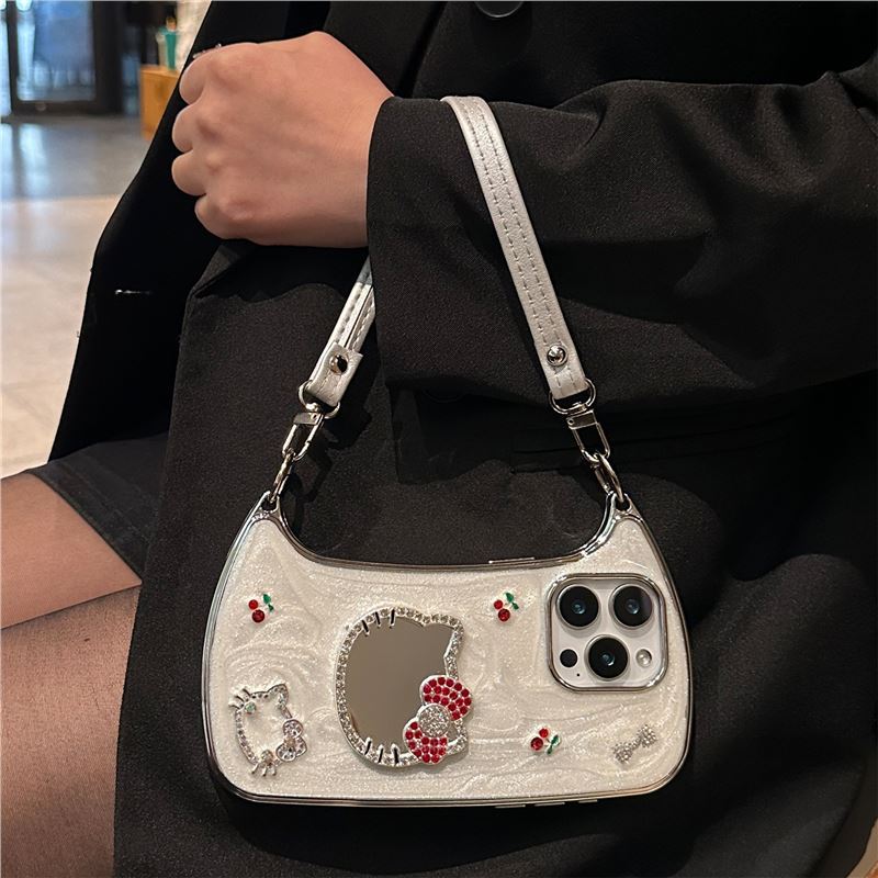 Mirror Cherry Cat Luxury Phone Case with Strap for iPhone 11/12/13/14/15/16/17 Pro/Pro Max.